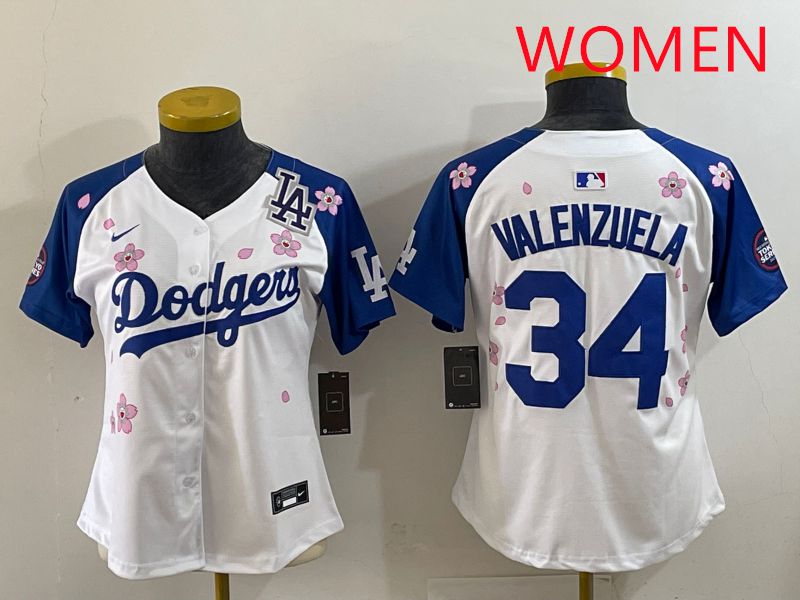 Women Los Angeles Dodgers 34 Valenzuela White Blue Sakura Edition 2025 Nike MLB Jersey style 38